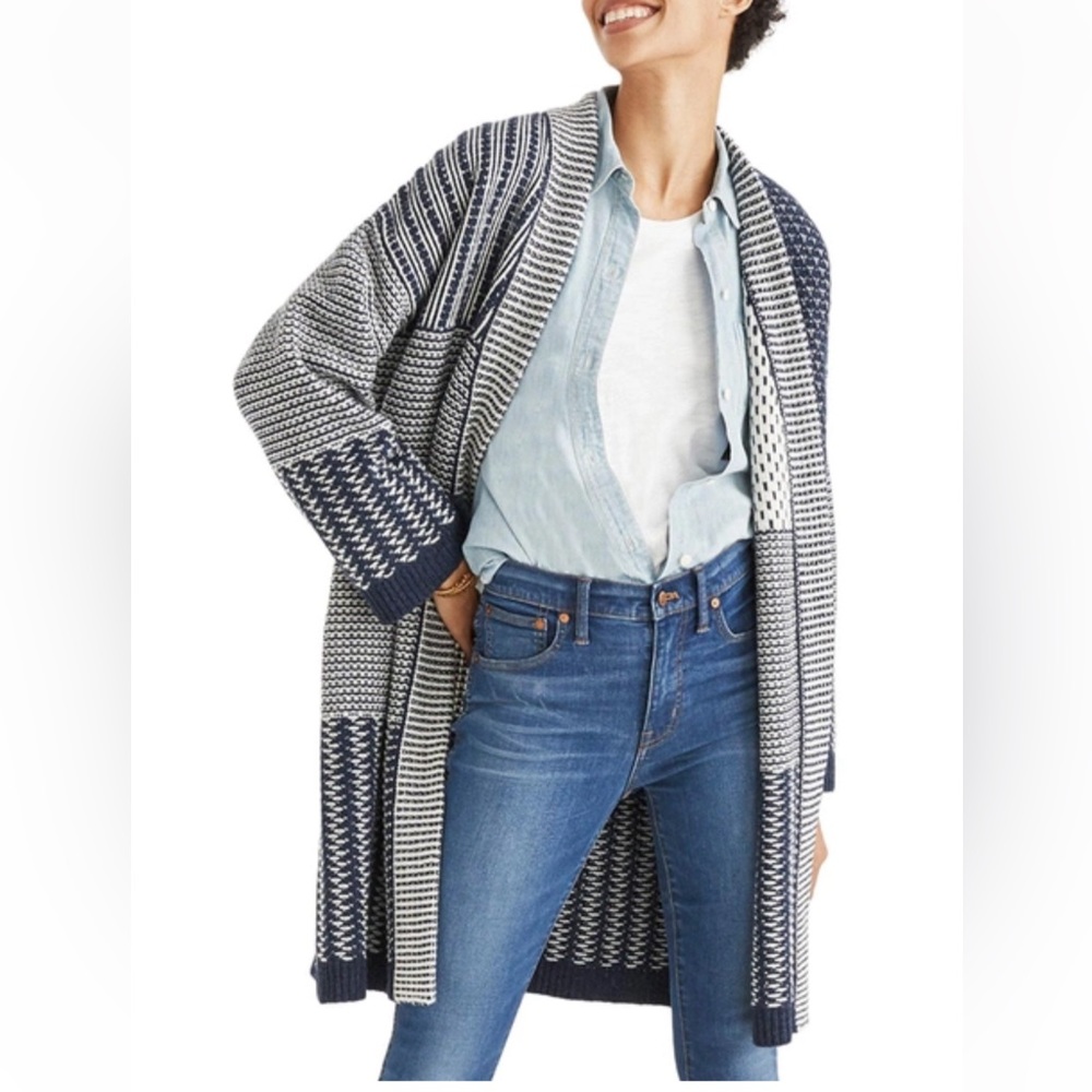 Madewell Navy and White Patterned Open-Front Cardigan